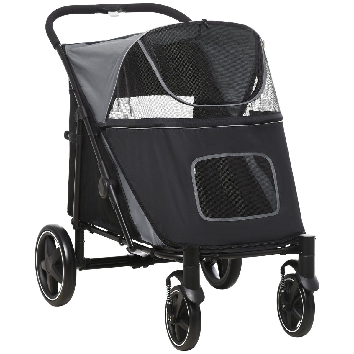 Pet Stroller Dog Cat Carriage One Click Fold with Universal Front Wheels Shock Absorber Brakes Storage Bags Mesh Window - MC Online