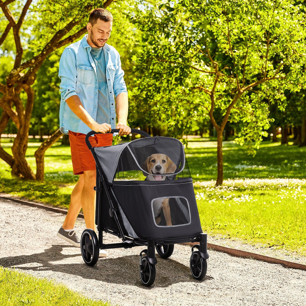 Pet Stroller Dog Cat Carriage One Click Fold with Universal Front Wheels Shock Absorber Brakes Storage Bags Mesh Window - MC Online