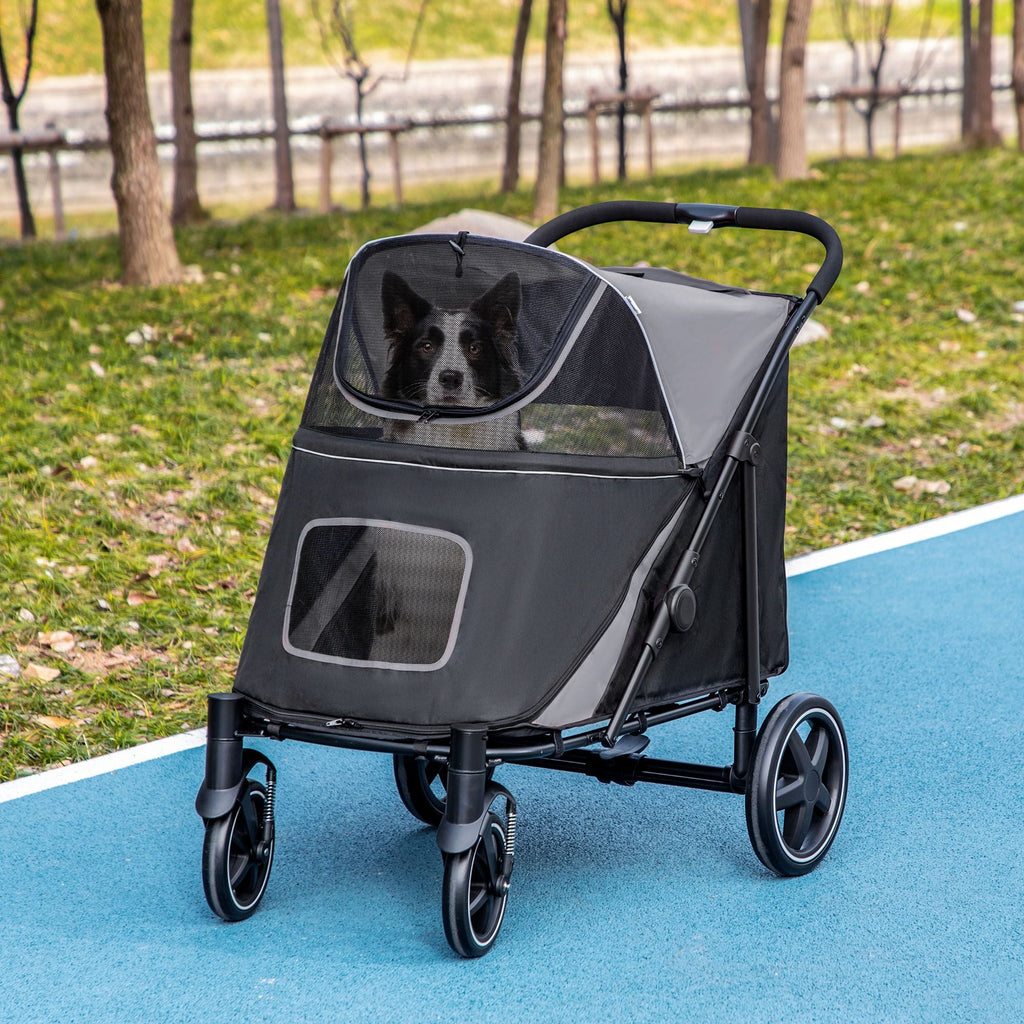 Pet Stroller Dog Cat Carriage One Click Fold with Universal Front Wheels Shock Absorber Brakes Storage Bags Mesh Window - MC Online