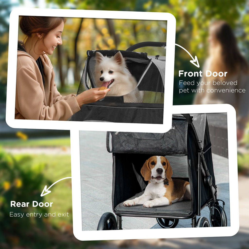 Pet Stroller Dog Cat Carriage One Click Fold with Universal Front Wheels Shock Absorber Brakes Storage Bags Mesh Window - MC Online