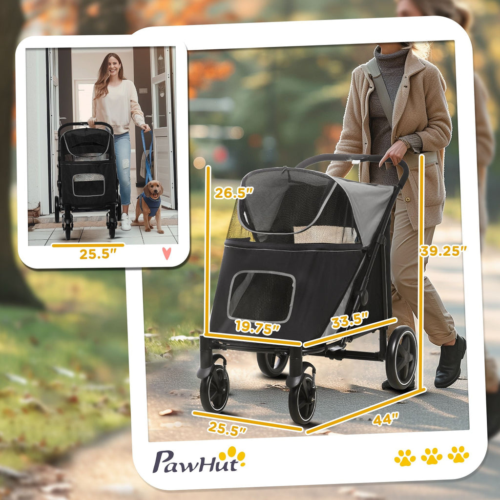 Pet Stroller Dog Cat Carriage One Click Fold with Universal Front Wheels Shock Absorber Brakes Storage Bags Mesh Window - MC Online