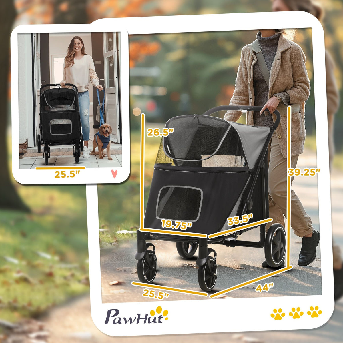 Pet Stroller Dog Cat Carriage One Click Fold with Universal Front Wheels Shock Absorber Brakes Storage Bags Mesh Window - MC Online