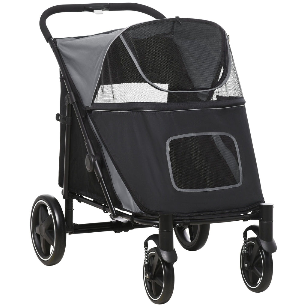 Pet Stroller Dog Cat Carriage One Click Fold with Universal Front Wheels Shock Absorber Brakes Storage Bags Mesh Window - MC Online