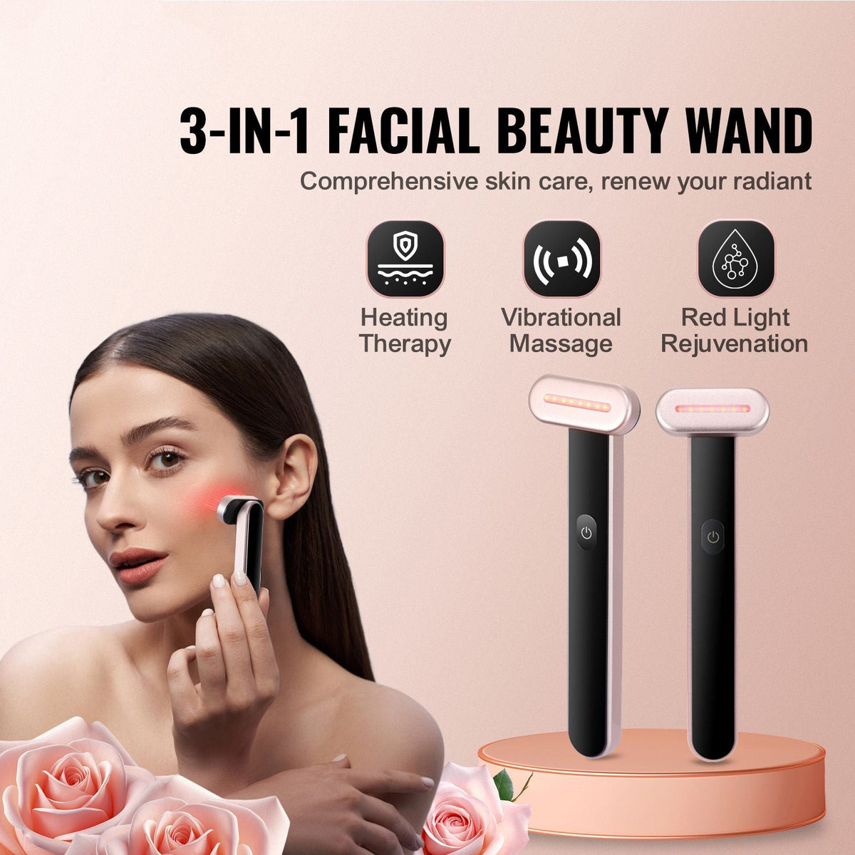 Red Light Therapy Wand for Face and Neck, 3-in-1 LED Facial Wand Red Light Therapy Device with Heating Therapy| Vibrating Facial Massage, Portable LED Beauty Wand - MC Online