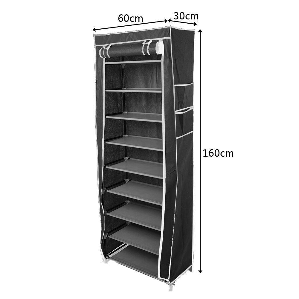 Room-saving 10-Layers 9 Lattices Non-woven Fabric Shoe Rack Black - MC Online