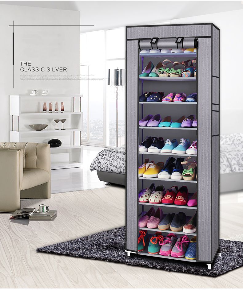 Room-saving 10-Layers 9 Lattices Non-woven Fabric Shoe Rack Black - MC Online