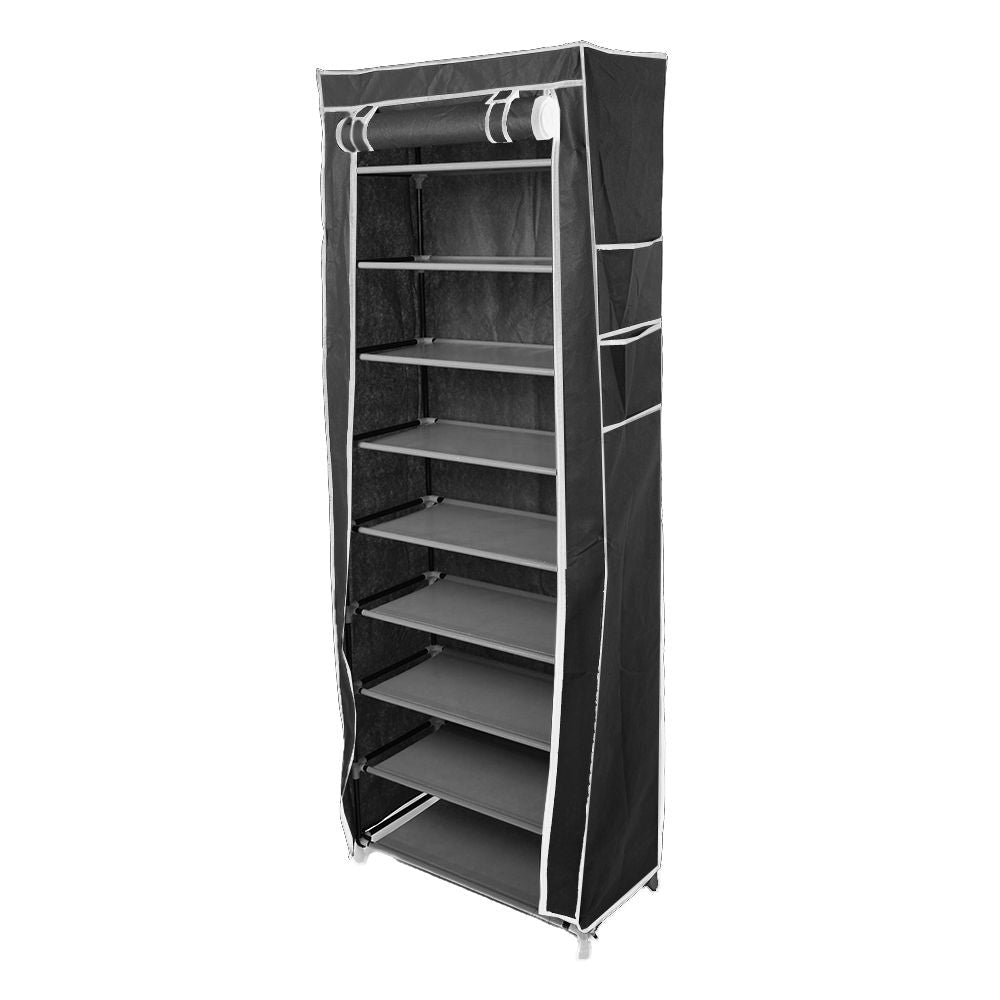 Room-saving 10-Layers 9 Lattices Non-woven Fabric Shoe Rack Black - MC Online
