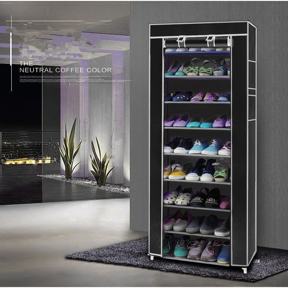 Room-saving 10-Layers 9 Lattices Non-woven Fabric Shoe Rack Black - MC Online