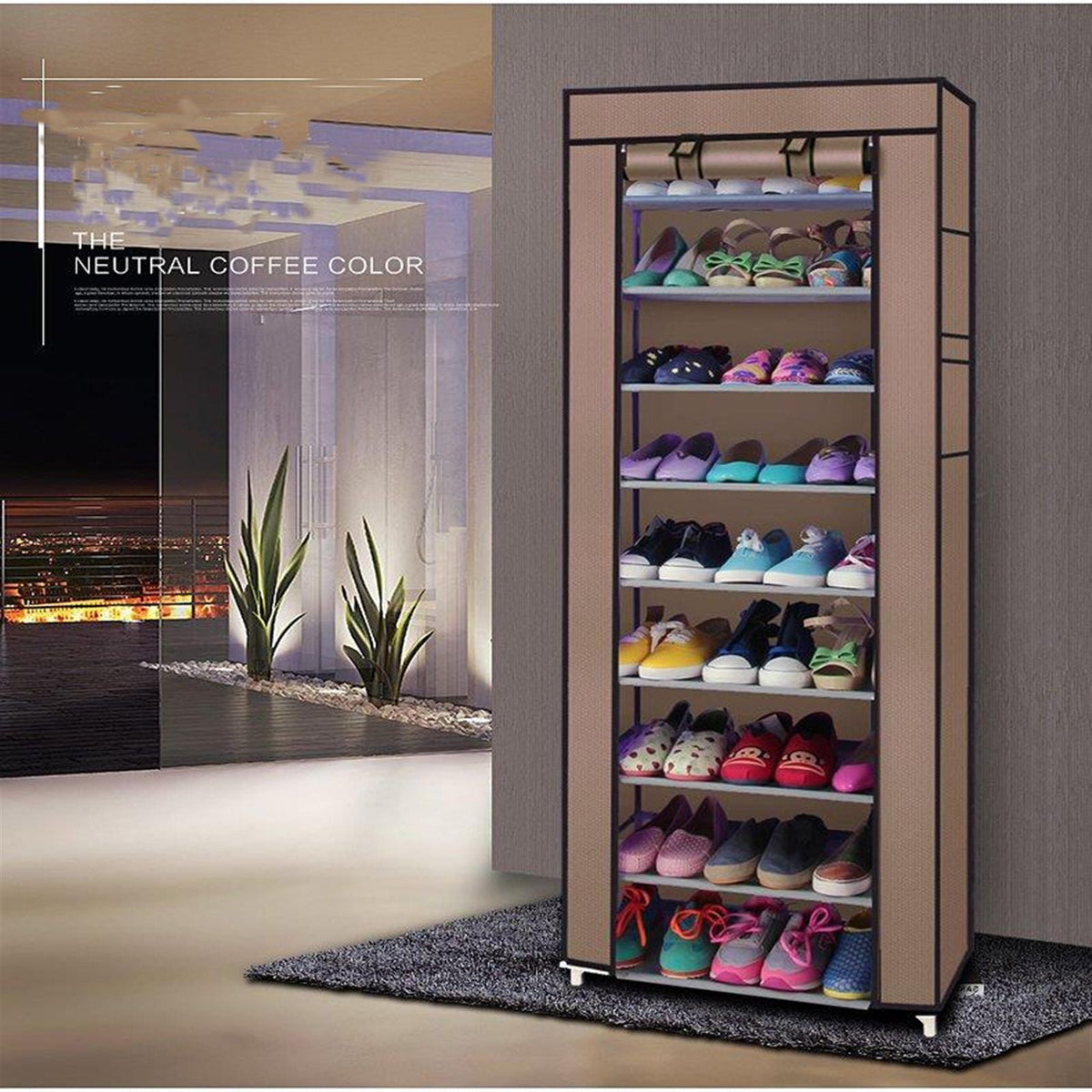 Room-saving 10-Layers 9 Lattices Non-woven Fabric Shoe Rack Black - MC Online