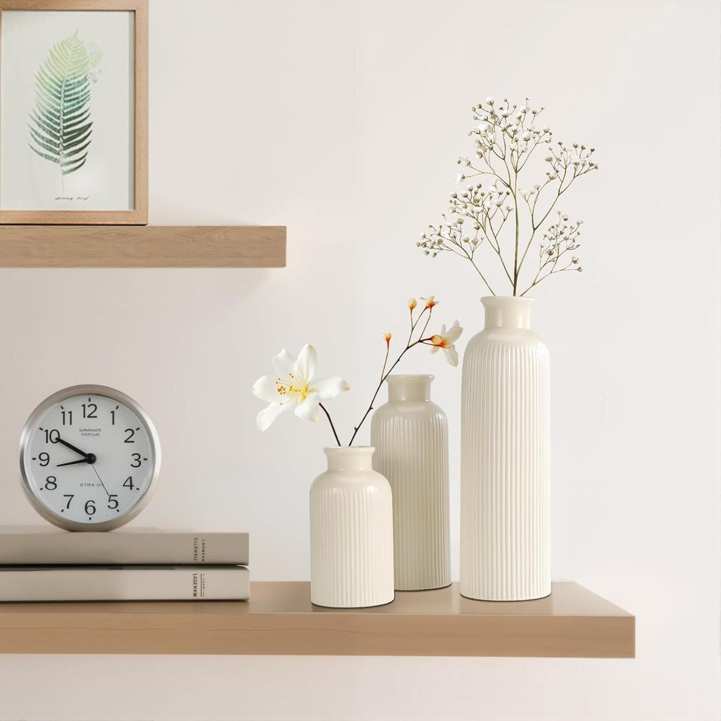 Small Beige Ceramic Vase Set of 3, Boho Modern Beige Flower Vase Room Decor, Farmhouse Decor, Vases for Your Kitchen, Bathroom, Bedroom, Living Room, Office&Shelf Centerpiece Table Decorations - MC Online