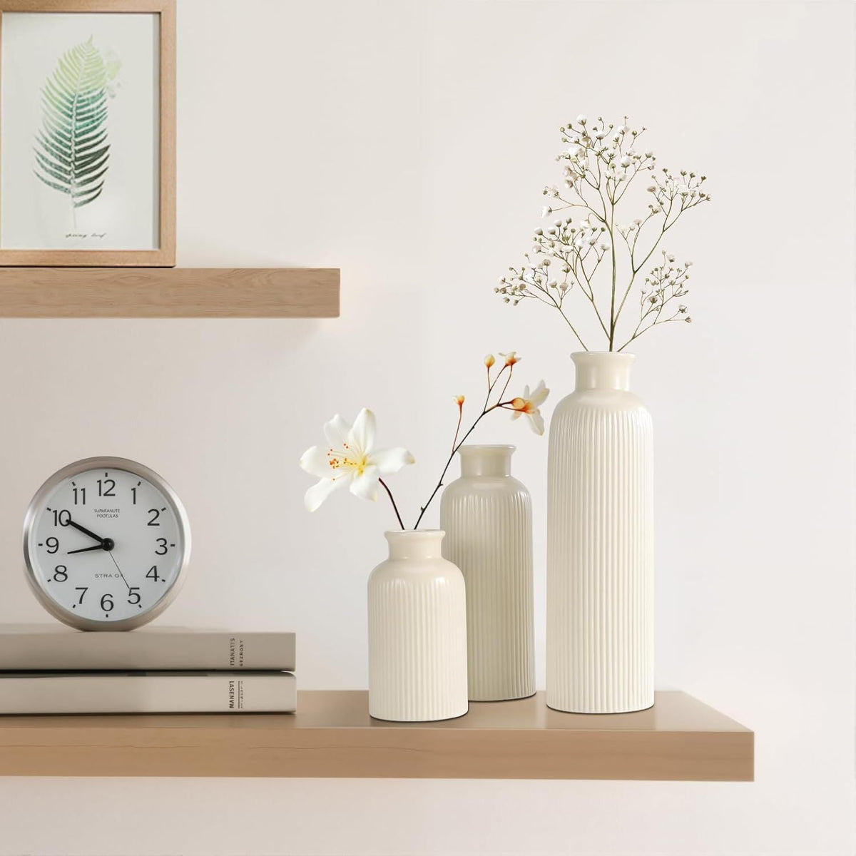 Small Beige Ceramic Vase Set of 3, Boho Modern Beige Flower Vase Room Decor, Farmhouse Decor, Vases for Your Kitchen, Bathroom, Bedroom, Living Room, Office&Shelf Centerpiece Table Decorations - MC Online