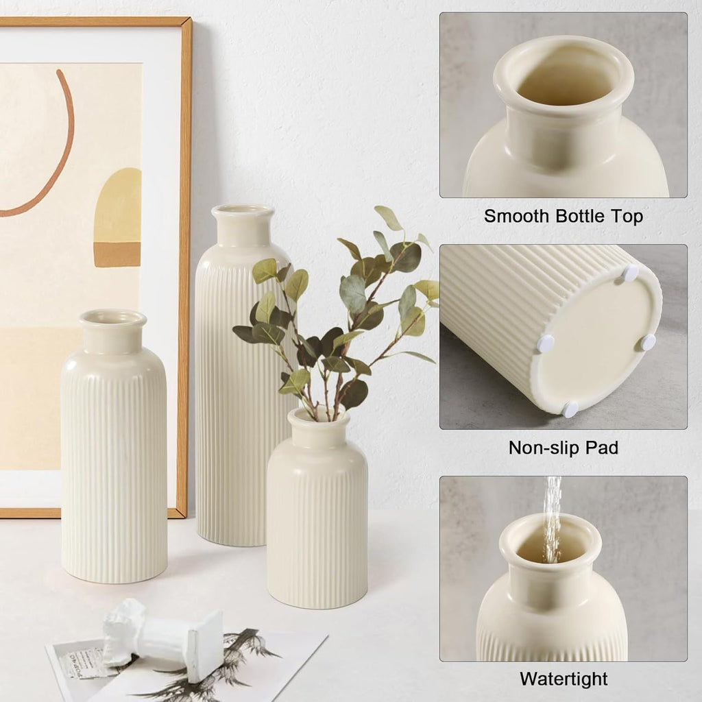 Small Beige Ceramic Vase Set of 3, Boho Modern Beige Flower Vase Room Decor, Farmhouse Decor, Vases for Your Kitchen, Bathroom, Bedroom, Living Room, Office&Shelf Centerpiece Table Decorations - MC Online