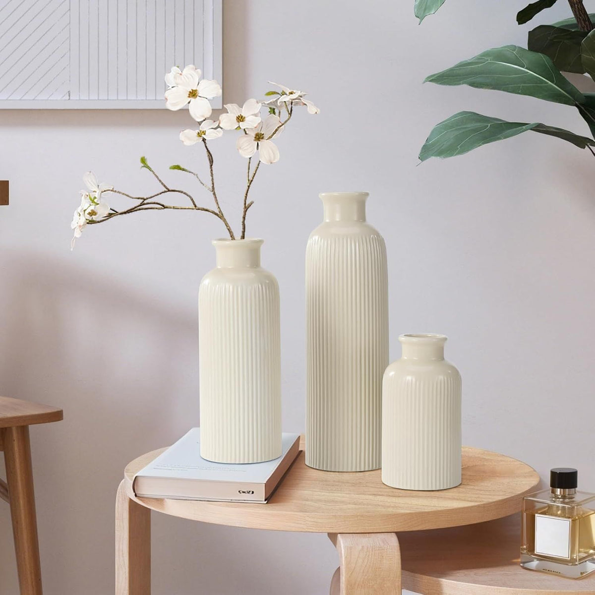 Small Beige Ceramic Vase Set of 3, Boho Modern Beige Flower Vase Room Decor, Farmhouse Decor, Vases for Your Kitchen, Bathroom, Bedroom, Living Room, Office&Shelf Centerpiece Table Decorations - MC Online