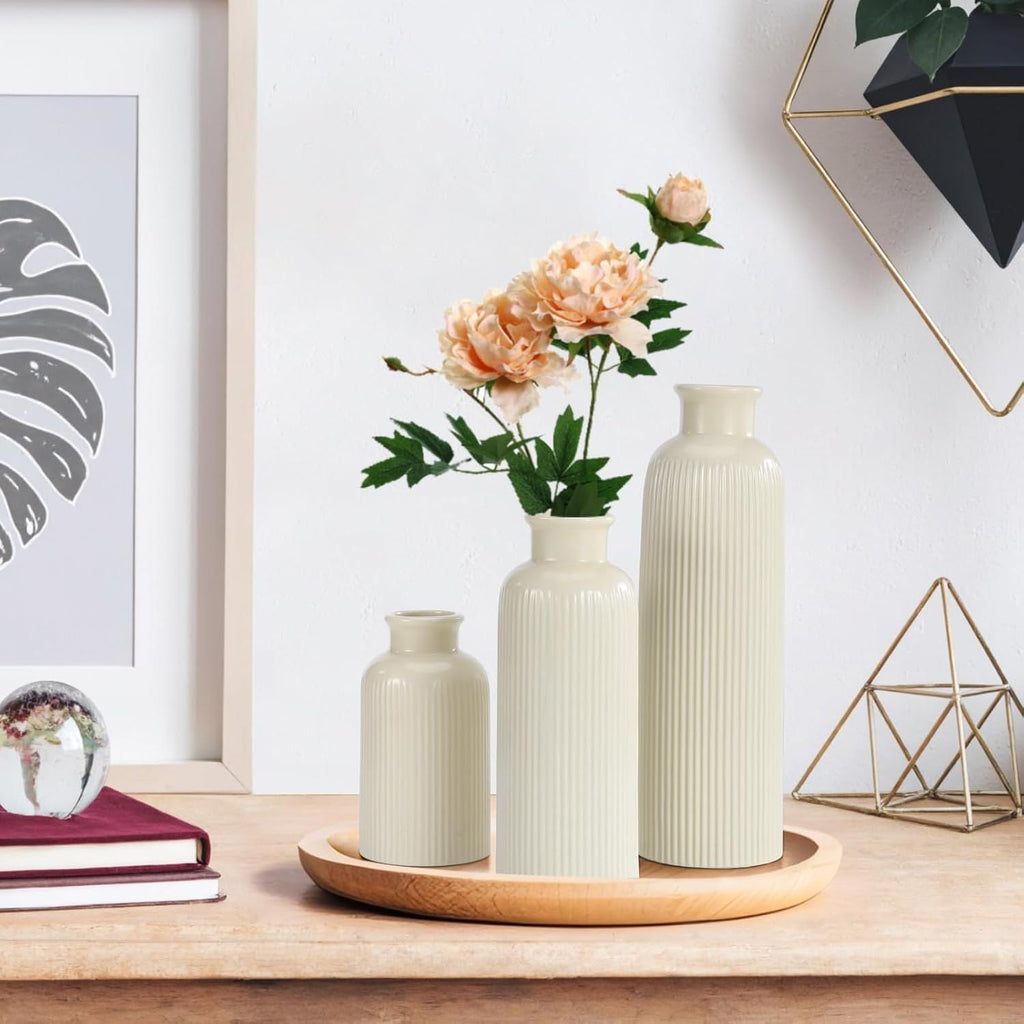 Small Beige Ceramic Vase Set of 3, Boho Modern Beige Flower Vase Room Decor, Farmhouse Decor, Vases for Your Kitchen, Bathroom, Bedroom, Living Room, Office&Shelf Centerpiece Table Decorations - MC Online