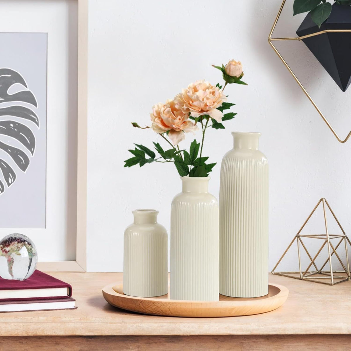 Small Beige Ceramic Vase Set of 3, Boho Modern Beige Flower Vase Room Decor, Farmhouse Decor, Vases for Your Kitchen, Bathroom, Bedroom, Living Room, Office&Shelf Centerpiece Table Decorations - MC Online