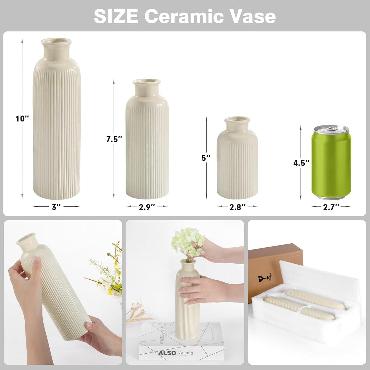 Small Beige Ceramic Vase Set of 3, Boho Modern Beige Flower Vase Room Decor, Farmhouse Decor, Vases for Your Kitchen, Bathroom, Bedroom, Living Room, Office&Shelf Centerpiece Table Decorations - MC Online