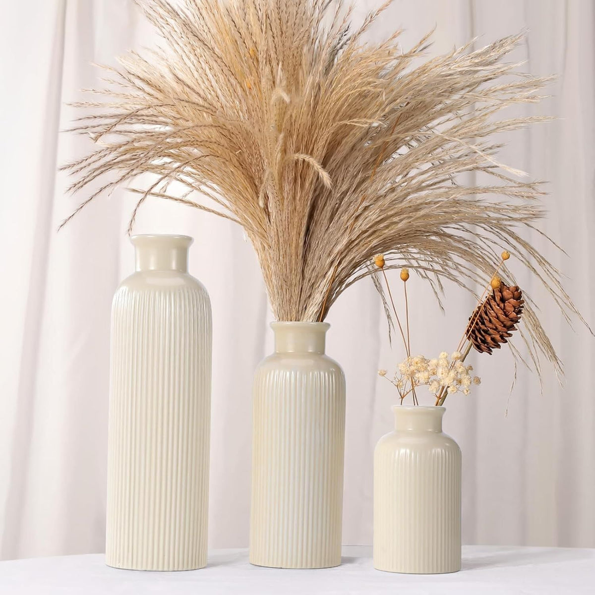 Small Beige Ceramic Vase Set of 3, Boho Modern Beige Flower Vase Room Decor, Farmhouse Decor, Vases for Your Kitchen, Bathroom, Bedroom, Living Room, Office&Shelf Centerpiece Table Decorations - MC Online