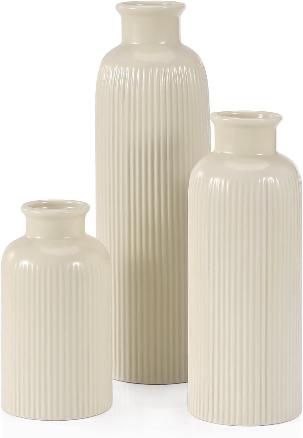 Small Beige Ceramic Vase Set of 3, Boho Modern Beige Flower Vase Room Decor, Farmhouse Decor, Vases for Your Kitchen, Bathroom, Bedroom, Living Room, Office&Shelf Centerpiece Table Decorations - MC Online