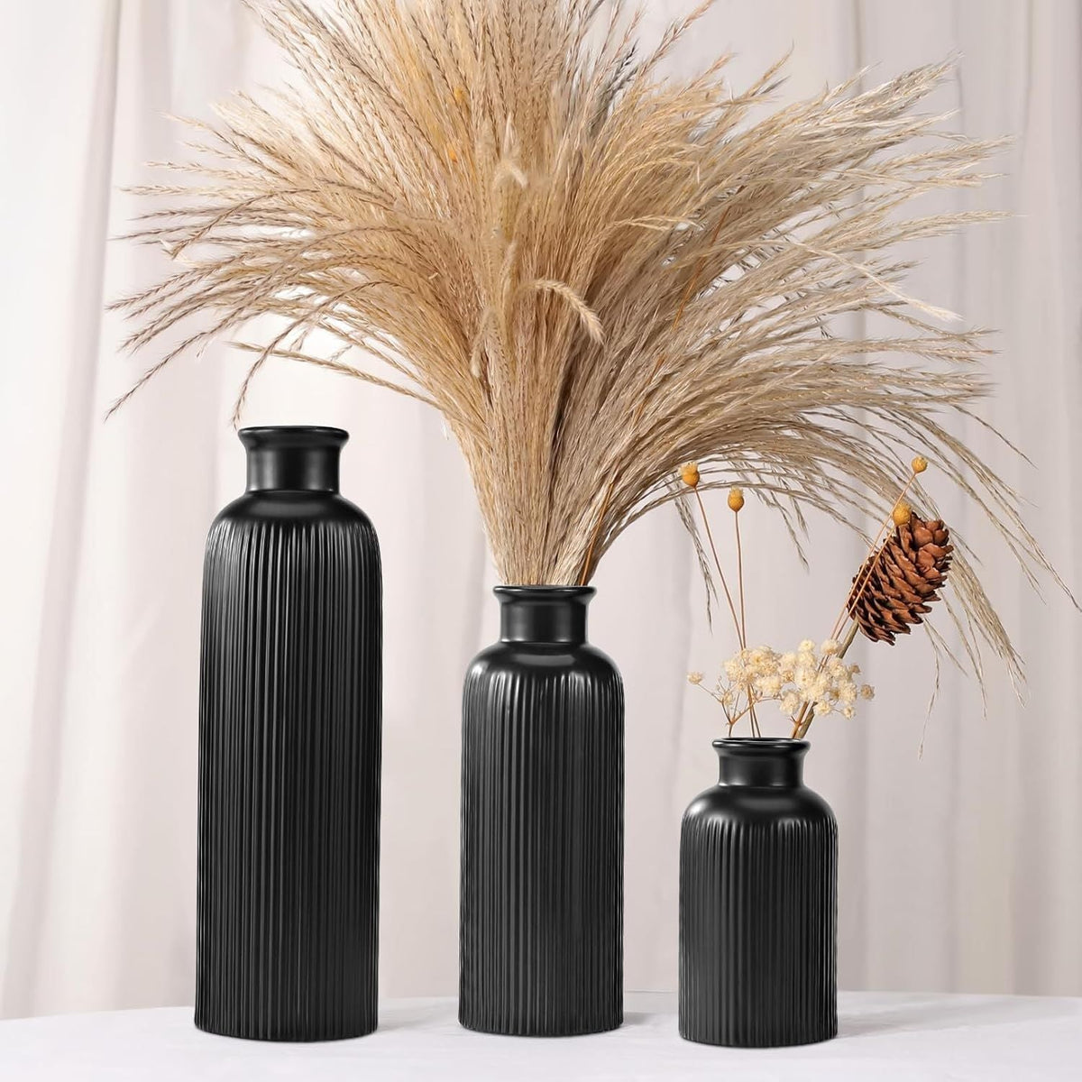 Small Black Ceramic Vase Set of 3, Boho Modern Black Flower Vase Room Decor, Farmhouse Decor, Vases for Your Kitchen, Bathroom, Bedroom, Living Room, Office&Shelf Centerpiece Table Decorations - MC Online
