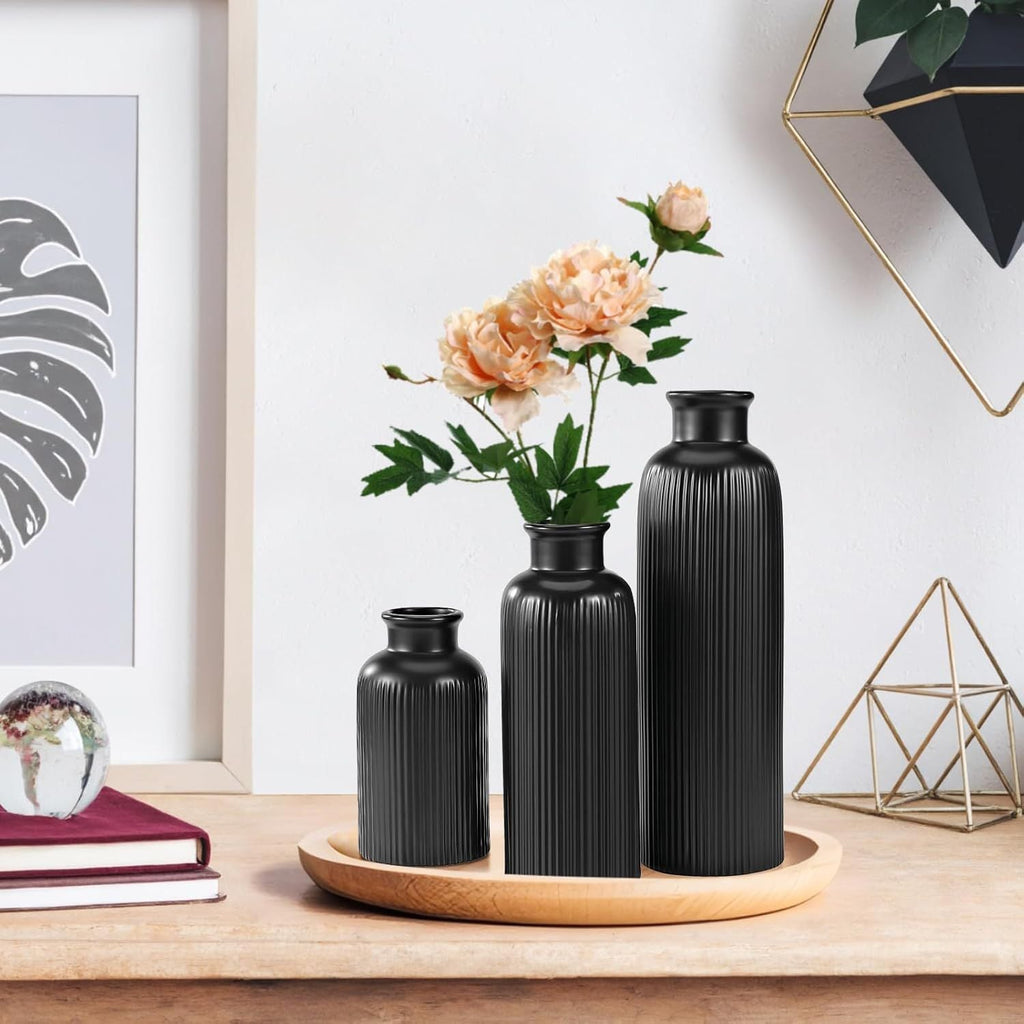Small Black Ceramic Vase Set of 3, Boho Modern Black Flower Vase Room Decor, Farmhouse Decor, Vases for Your Kitchen, Bathroom, Bedroom, Living Room, Office&Shelf Centerpiece Table Decorations - MC Online