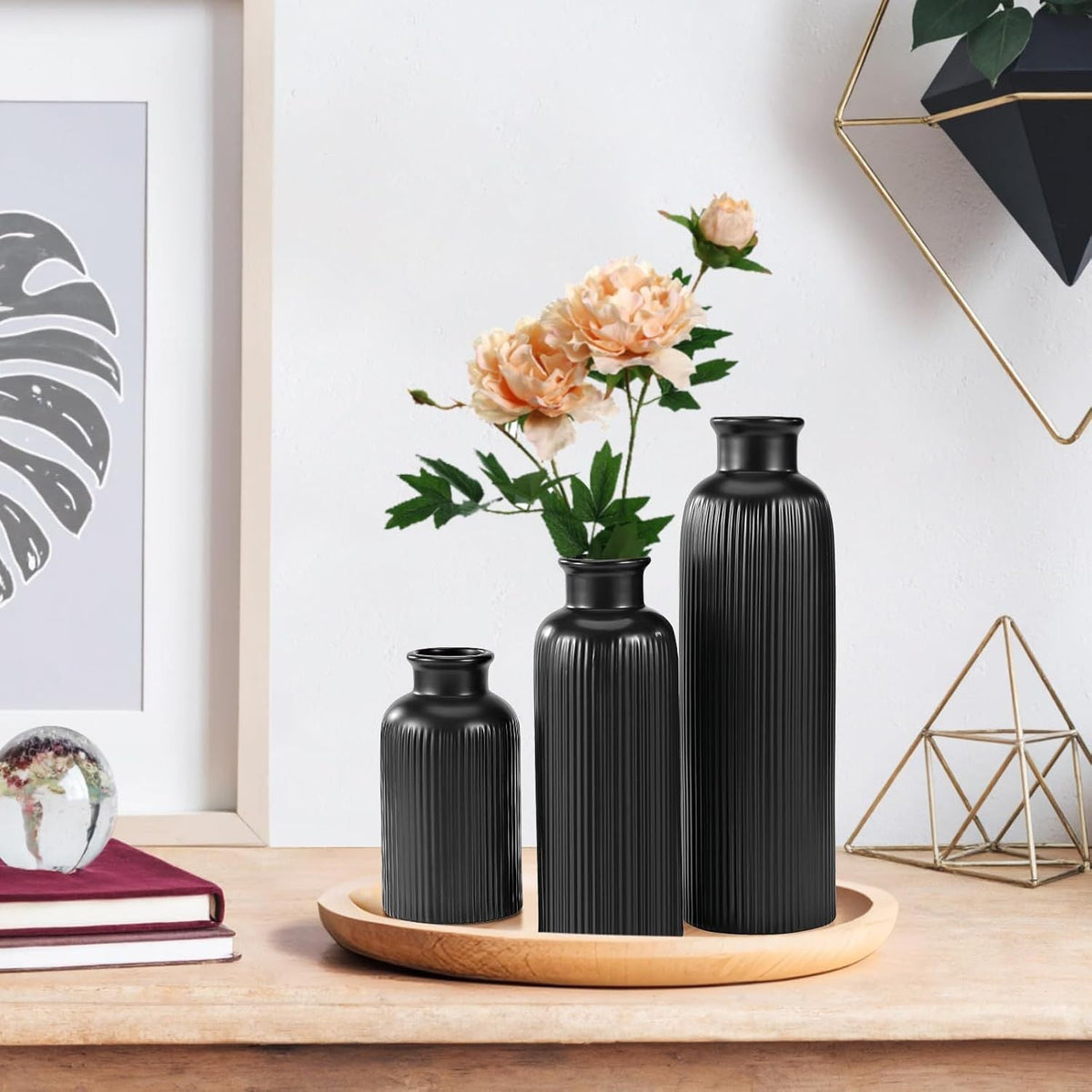 Small Black Ceramic Vase Set of 3, Boho Modern Black Flower Vase Room Decor, Farmhouse Decor, Vases for Your Kitchen, Bathroom, Bedroom, Living Room, Office&Shelf Centerpiece Table Decorations - MC Online