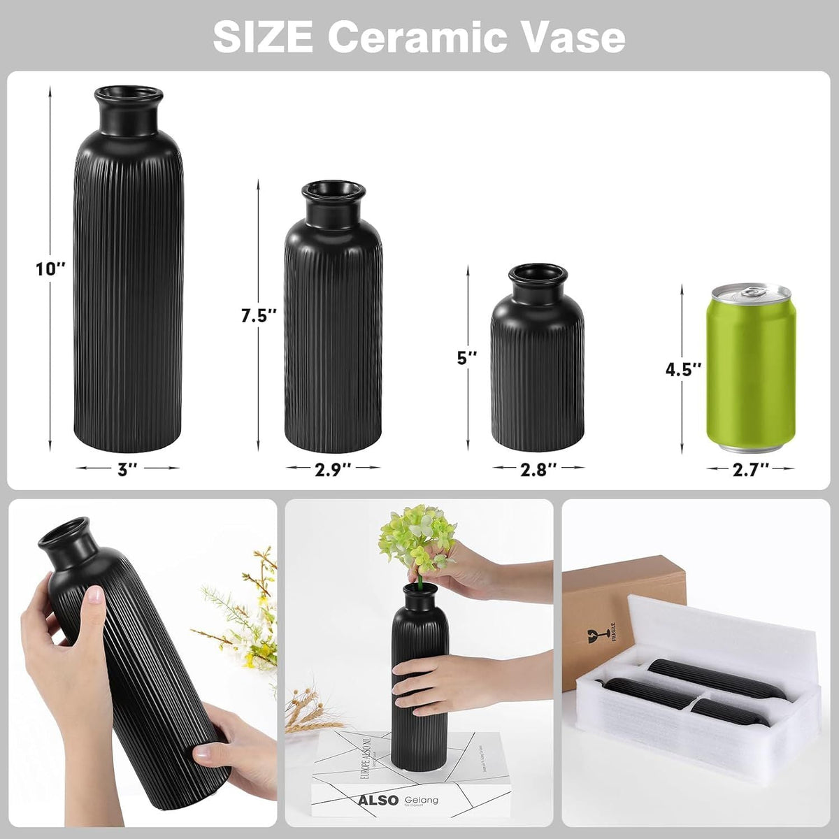 Small Black Ceramic Vase Set of 3, Boho Modern Black Flower Vase Room Decor, Farmhouse Decor, Vases for Your Kitchen, Bathroom, Bedroom, Living Room, Office&Shelf Centerpiece Table Decorations - MC Online
