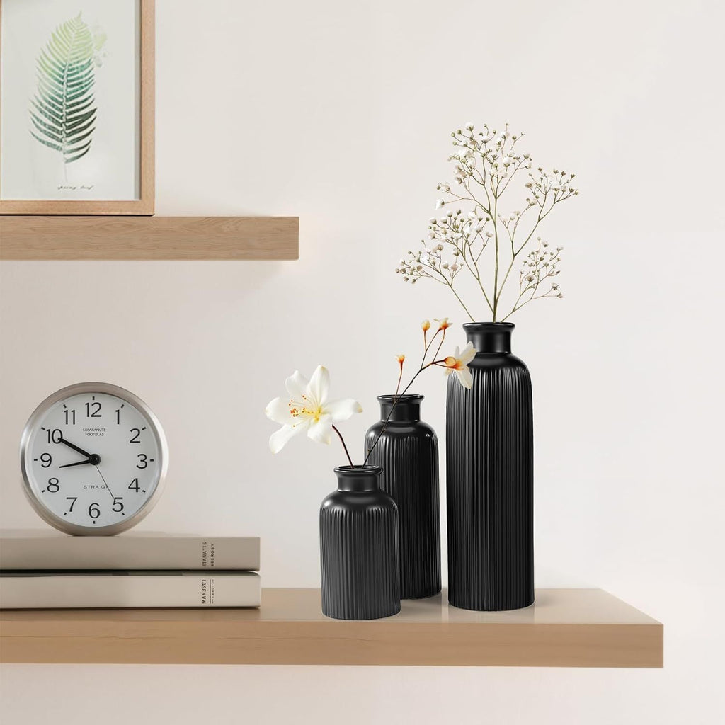 Small Black Ceramic Vase Set of 3, Boho Modern Black Flower Vase Room Decor, Farmhouse Decor, Vases for Your Kitchen, Bathroom, Bedroom, Living Room, Office&Shelf Centerpiece Table Decorations - MC Online