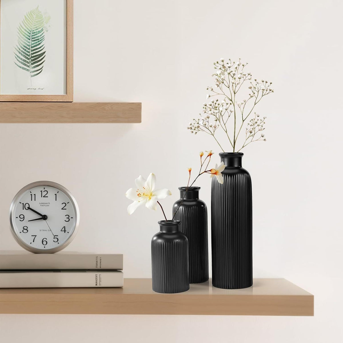 Small Black Ceramic Vase Set of 3, Boho Modern Black Flower Vase Room Decor, Farmhouse Decor, Vases for Your Kitchen, Bathroom, Bedroom, Living Room, Office&Shelf Centerpiece Table Decorations - MC Online