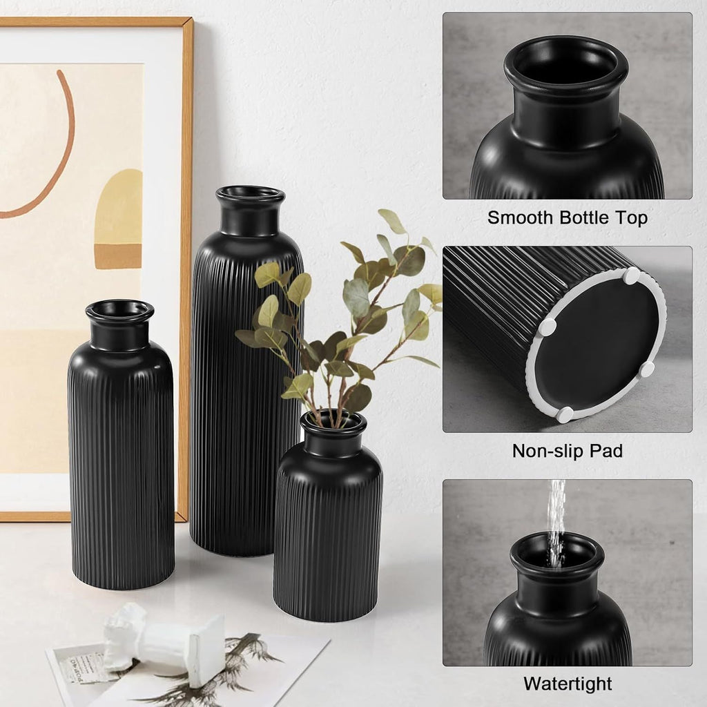 Small Black Ceramic Vase Set of 3, Boho Modern Black Flower Vase Room Decor, Farmhouse Decor, Vases for Your Kitchen, Bathroom, Bedroom, Living Room, Office&Shelf Centerpiece Table Decorations - MC Online