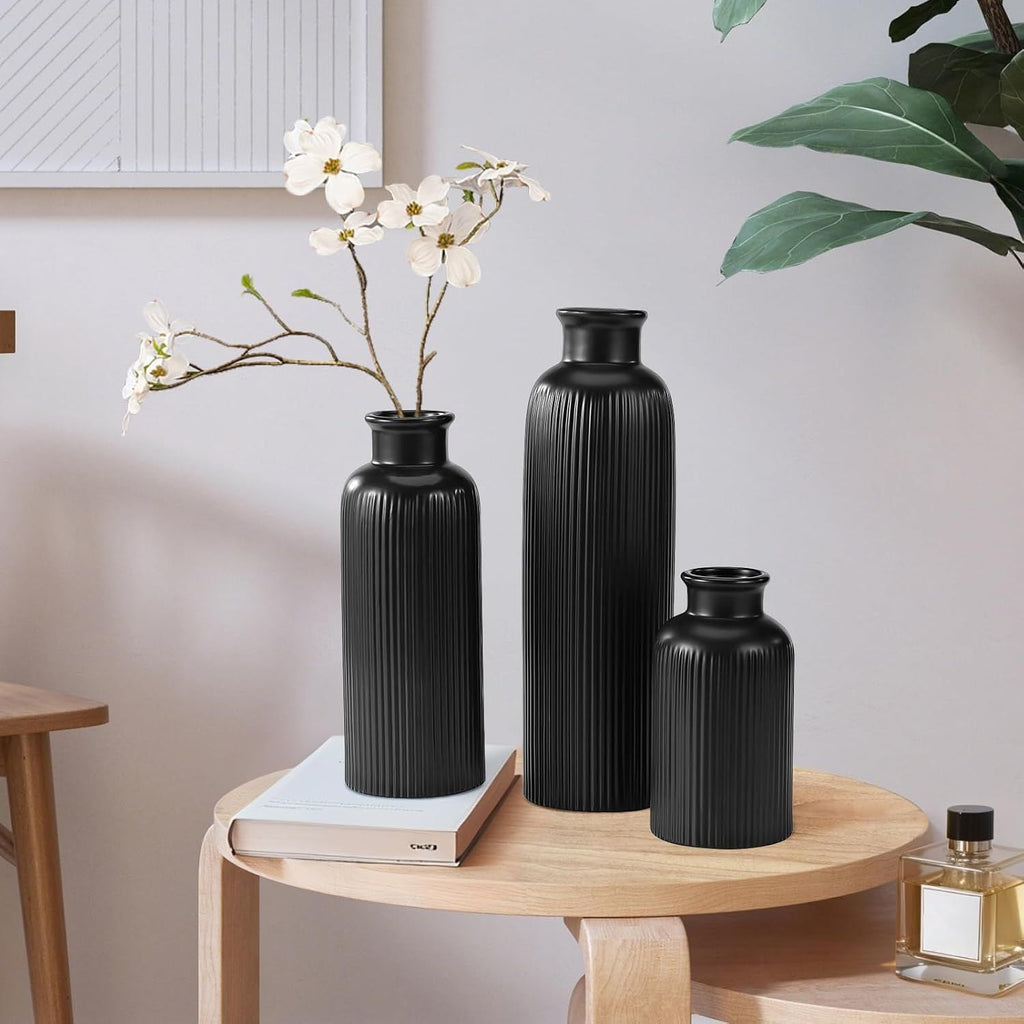 Small Black Ceramic Vase Set of 3, Boho Modern Black Flower Vase Room Decor, Farmhouse Decor, Vases for Your Kitchen, Bathroom, Bedroom, Living Room, Office&Shelf Centerpiece Table Decorations - MC Online