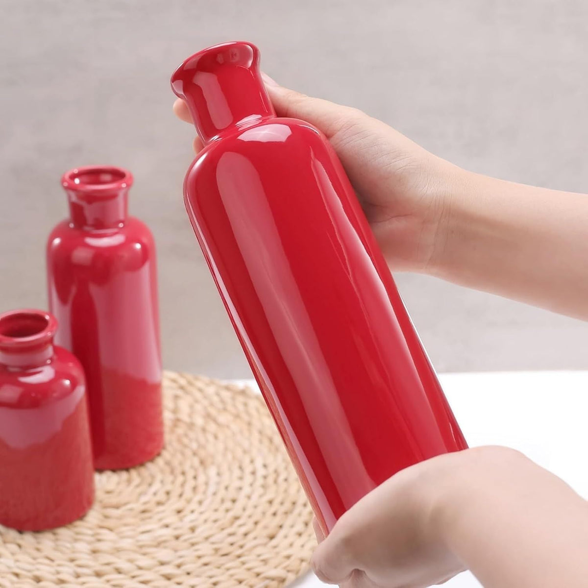 Small Ceramic Vase Set of 3, Boho Modern Flower Vase Room Decor, Farmhouse Decor, Vases for Your Kitchen, Bathroom, Bedroom, Living Room, Office&Shelf Centerpiece Table Decorations, Red - MC Online