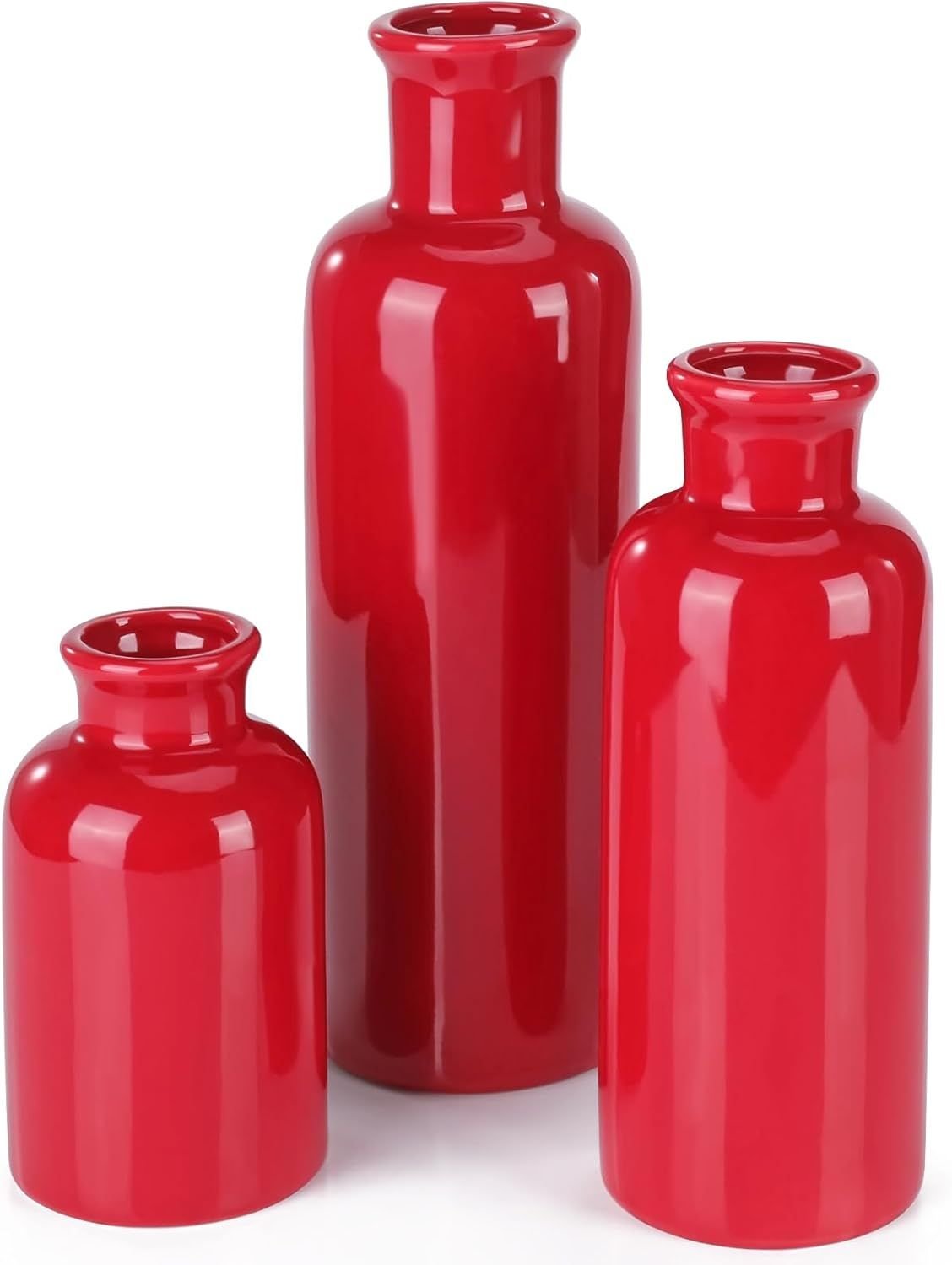 Small Ceramic Vase Set of 3, Boho Modern Flower Vase Room Decor, Farmhouse Decor, Vases for Your Kitchen, Bathroom, Bedroom, Living Room, Office&Shelf Centerpiece Table Decorations, Red - MC Online