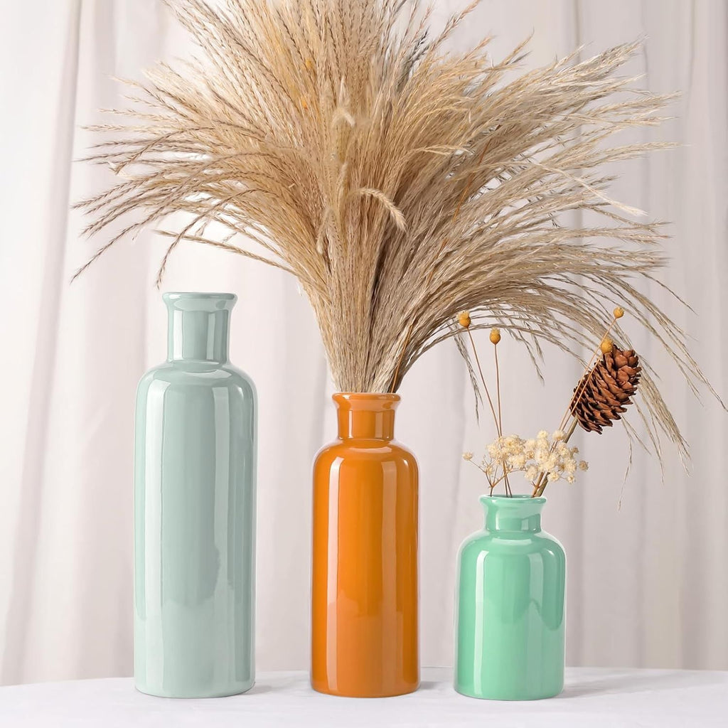 Small Ceramic Vase Set of 3, Boho Modern Flower Vase Room Decor, Farmhouse Decor, Vases for Your Kitchen, Bathroom, Bedroom, Living Room, Office&Shelf Centerpiece Table Decorations - MC Online