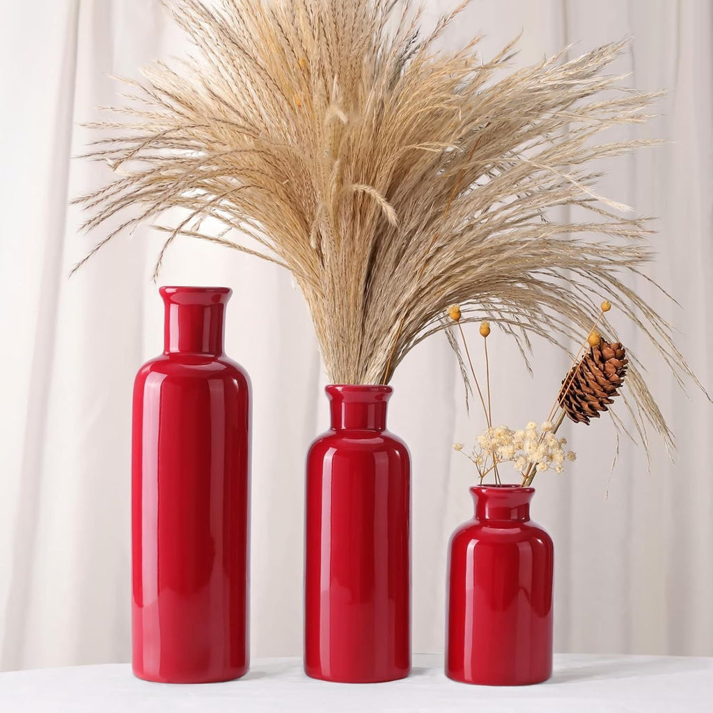Small Ceramic Vase Set of 3, Boho Modern Flower Vase Room Decor, Farmhouse Decor, Vases for Your Kitchen, Bathroom, Bedroom, Living Room, Office&Shelf Centerpiece Table Decorations, Red - MC Online