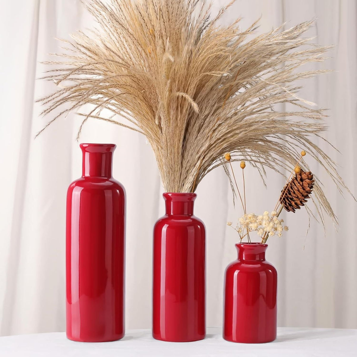 Small Ceramic Vase Set of 3, Boho Modern Flower Vase Room Decor, Farmhouse Decor, Vases for Your Kitchen, Bathroom, Bedroom, Living Room, Office&Shelf Centerpiece Table Decorations, Red - MC Online