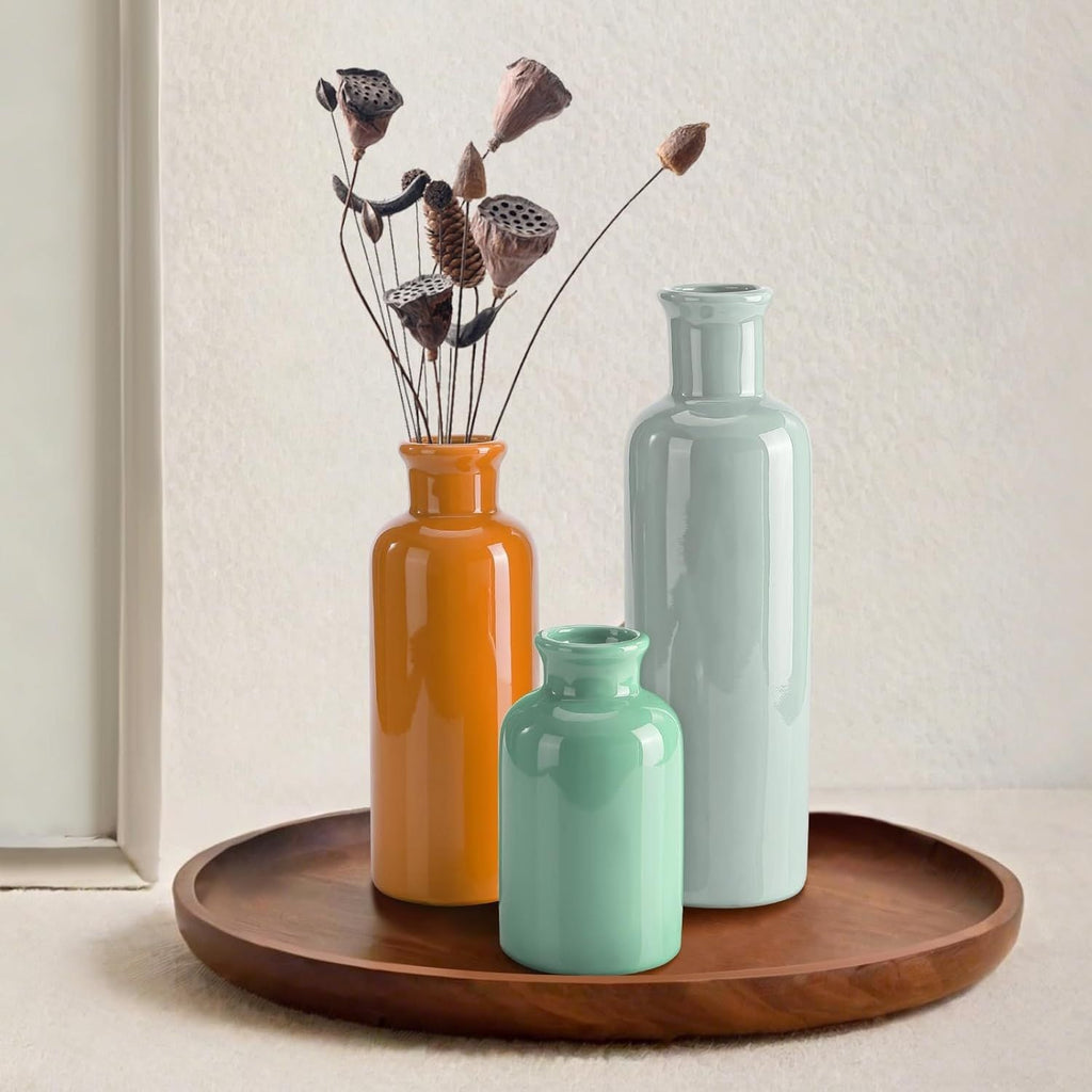 Small Ceramic Vase Set of 3, Boho Modern Flower Vase Room Decor, Farmhouse Decor, Vases for Your Kitchen, Bathroom, Bedroom, Living Room, Office&Shelf Centerpiece Table Decorations - MC Online