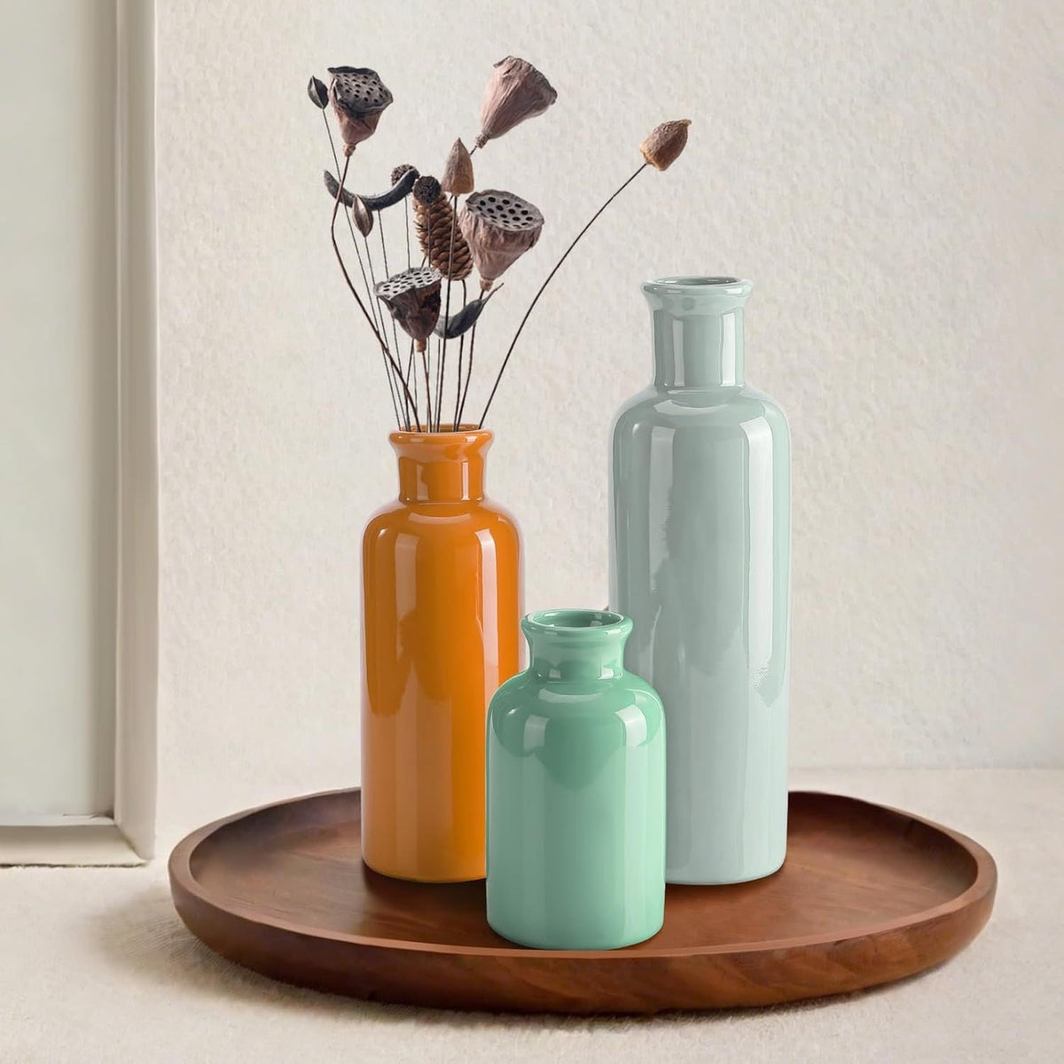 Small Ceramic Vase Set of 3, Boho Modern Flower Vase Room Decor, Farmhouse Decor, Vases for Your Kitchen, Bathroom, Bedroom, Living Room, Office&Shelf Centerpiece Table Decorations - MC Online
