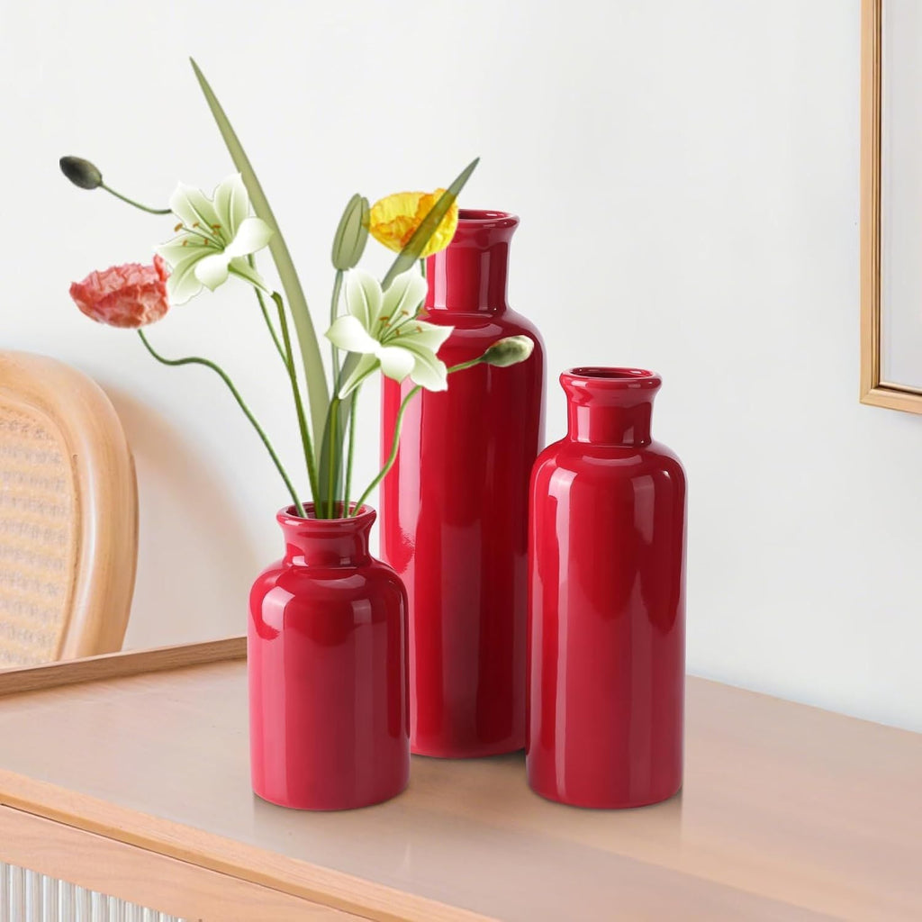 Small Ceramic Vase Set of 3, Boho Modern Flower Vase Room Decor, Farmhouse Decor, Vases for Your Kitchen, Bathroom, Bedroom, Living Room, Office&Shelf Centerpiece Table Decorations, Red - MC Online