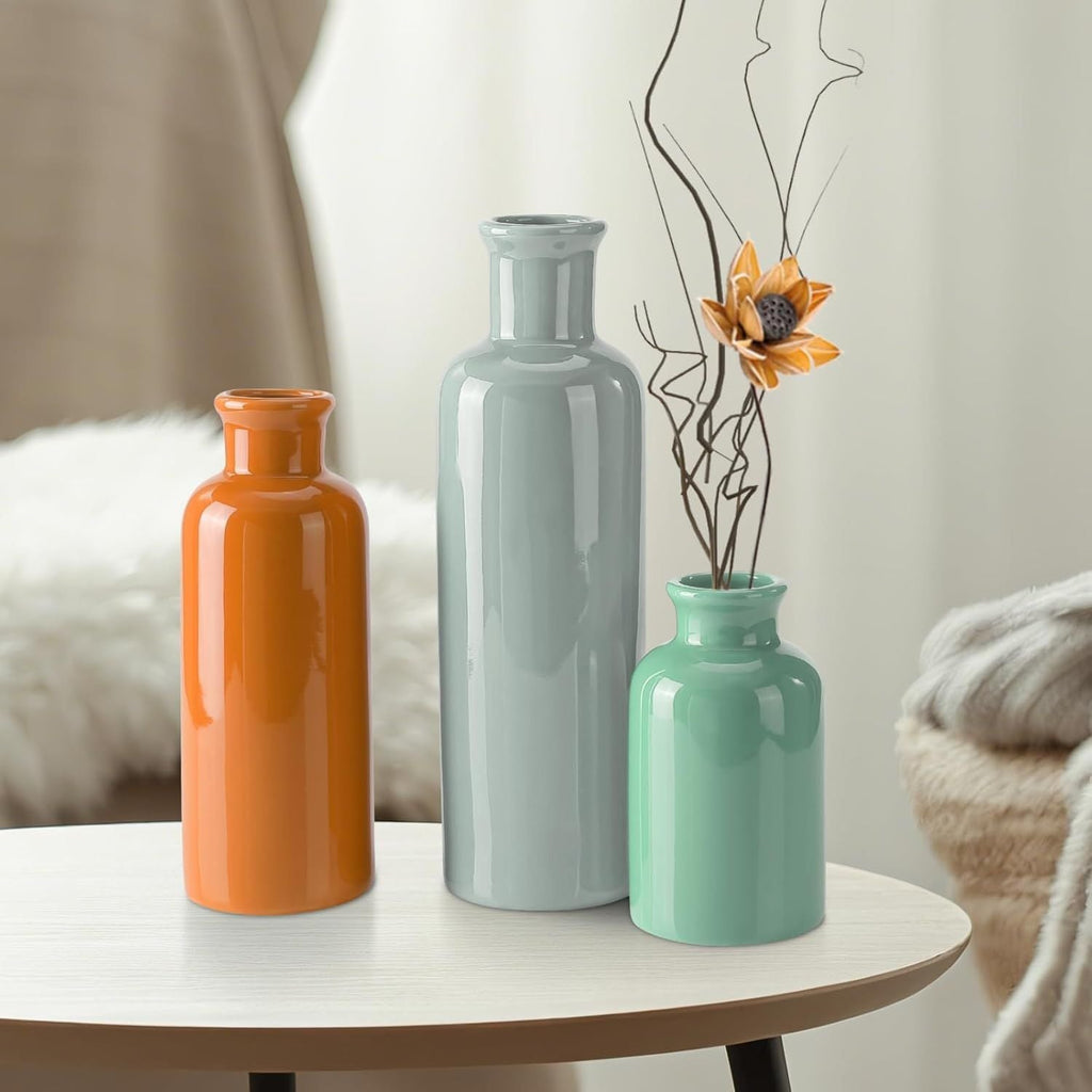 Small Ceramic Vase Set of 3, Boho Modern Flower Vase Room Decor, Farmhouse Decor, Vases for Your Kitchen, Bathroom, Bedroom, Living Room, Office&Shelf Centerpiece Table Decorations - MC Online