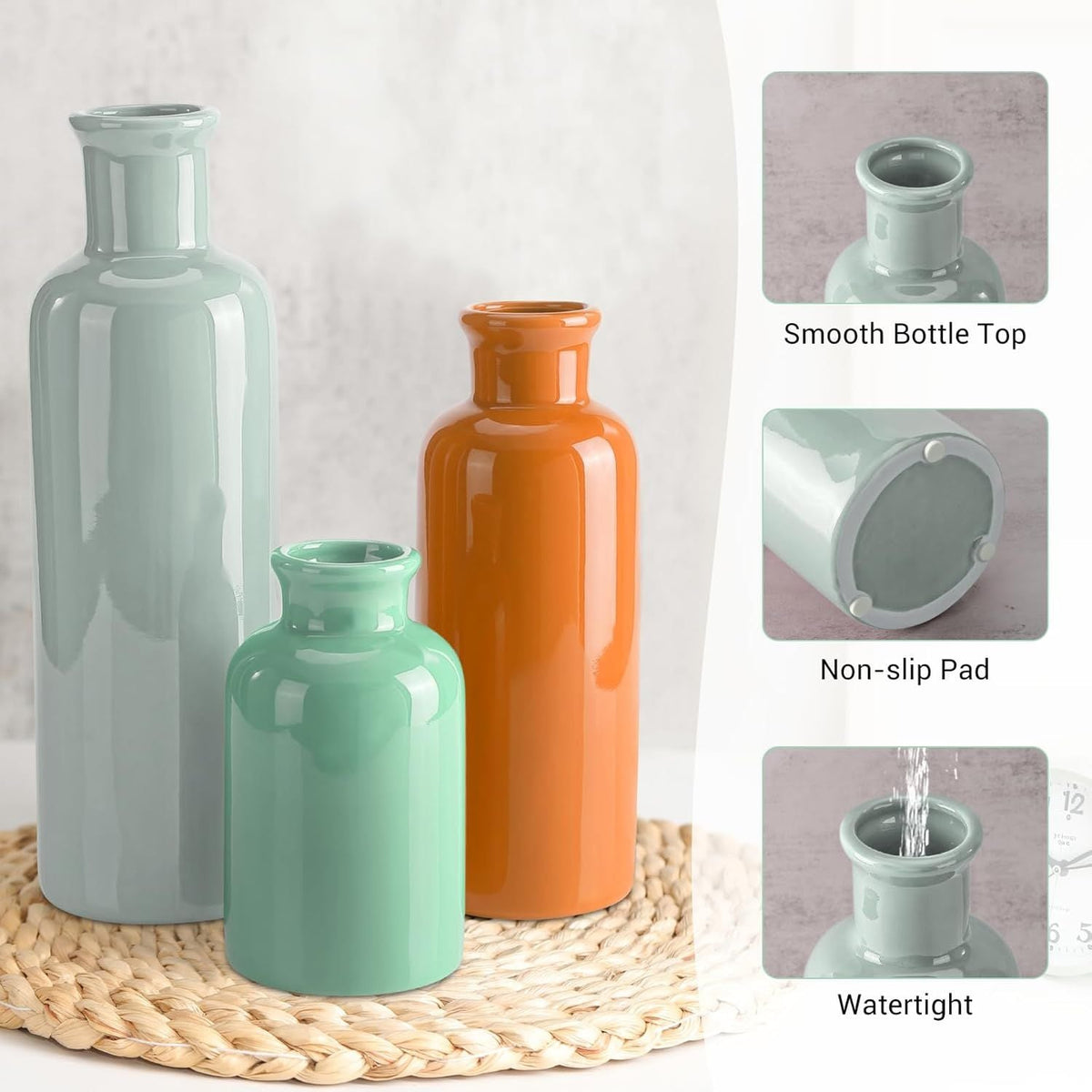 Small Ceramic Vase Set of 3, Boho Modern Flower Vase Room Decor, Farmhouse Decor, Vases for Your Kitchen, Bathroom, Bedroom, Living Room, Office&Shelf Centerpiece Table Decorations - MC Online