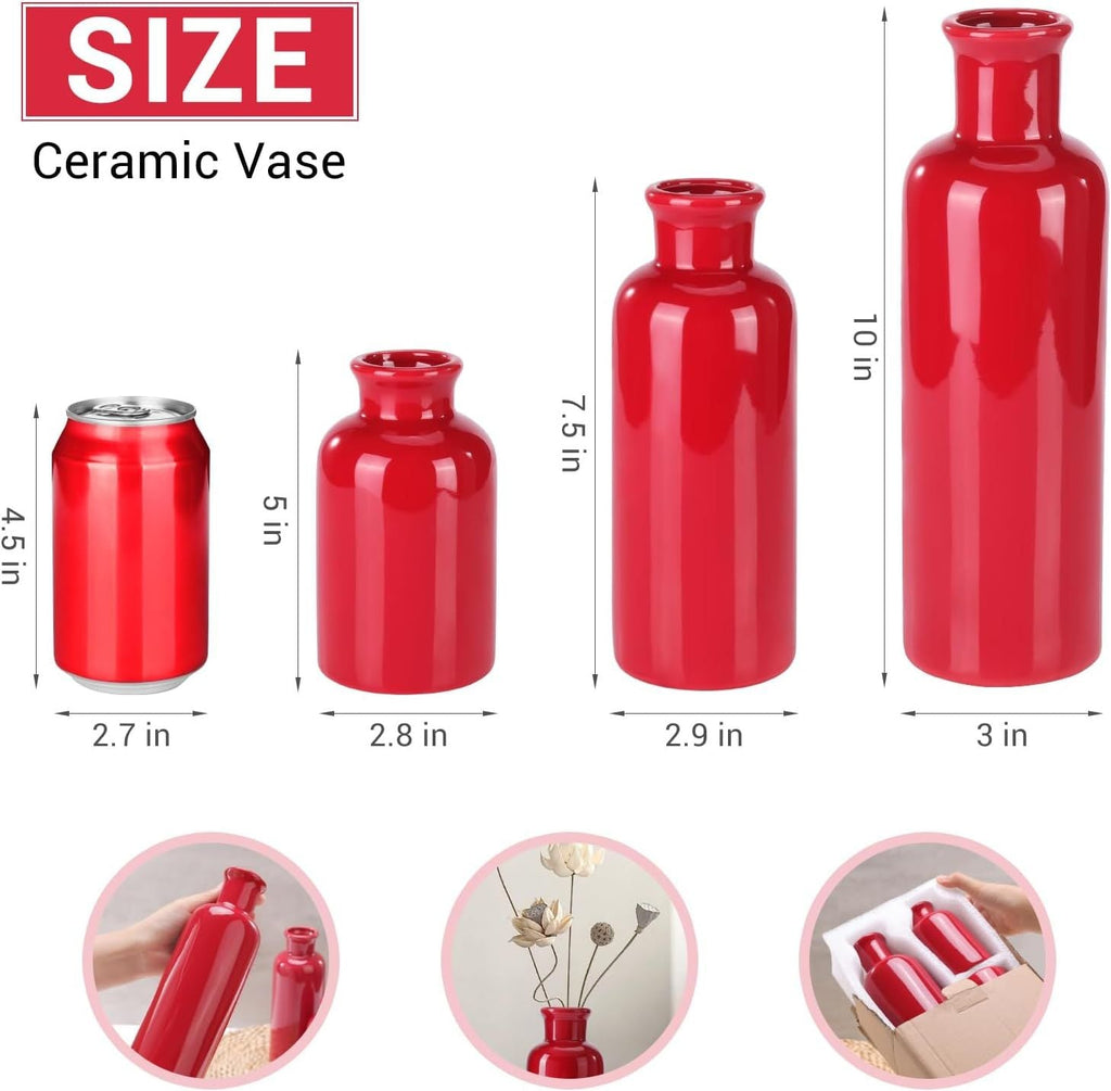 Small Ceramic Vase Set of 3, Boho Modern Flower Vase Room Decor, Farmhouse Decor, Vases for Your Kitchen, Bathroom, Bedroom, Living Room, Office&Shelf Centerpiece Table Decorations, Red - MC Online