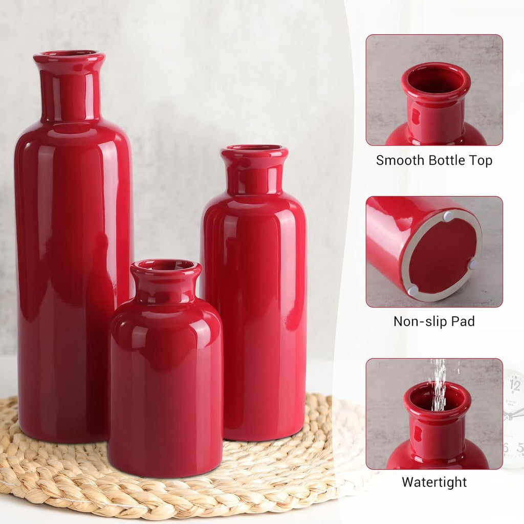 Small Ceramic Vase Set of 3, Boho Modern Flower Vase Room Decor, Farmhouse Decor, Vases for Your Kitchen, Bathroom, Bedroom, Living Room, Office&Shelf Centerpiece Table Decorations, Red - MC Online
