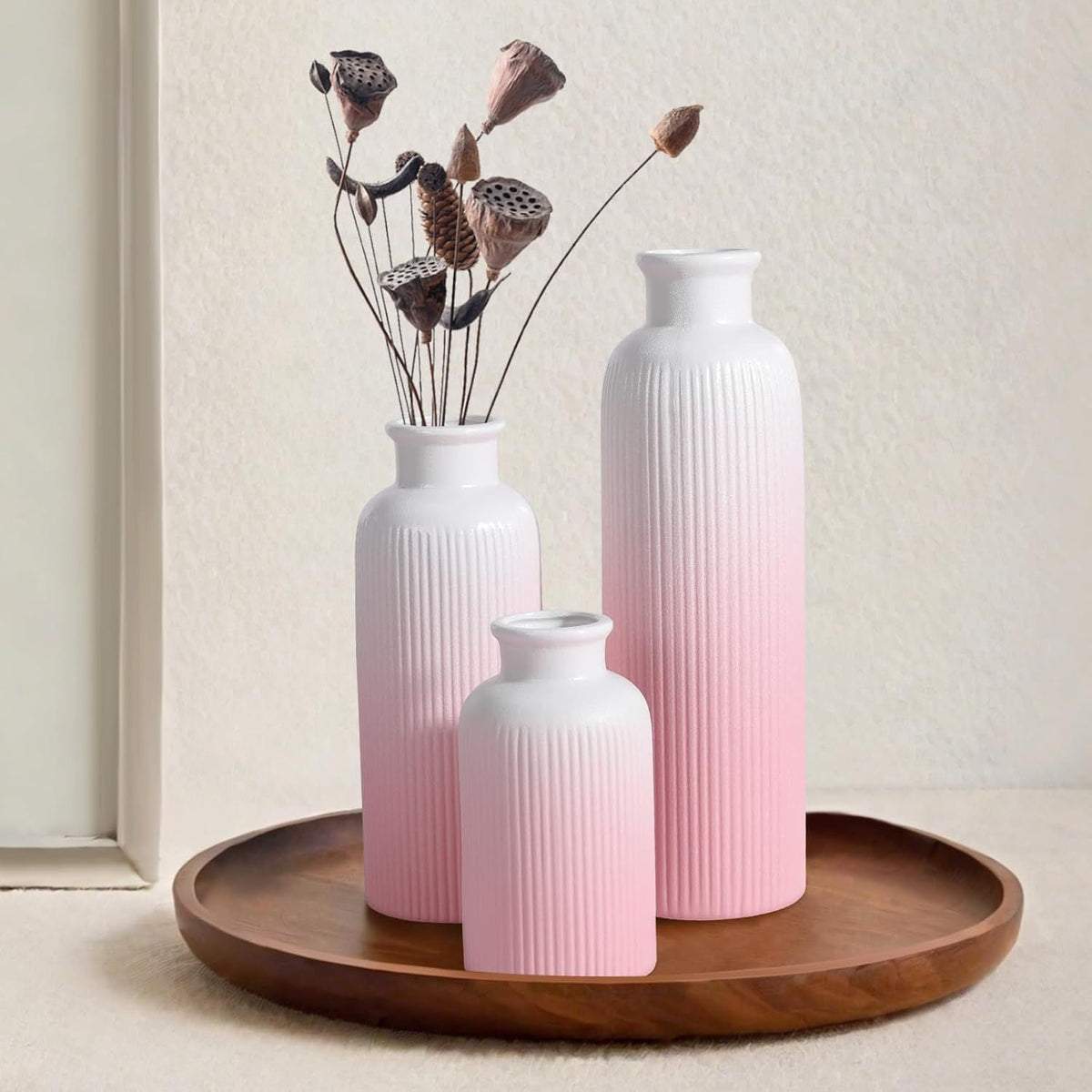 Small Gradient Pink Ceramic Vase Set of 3, Boho Modern Flower Vase Room Decor, Farmhouse Decor, Vases for Your Kitchen, Bathroom, Bedroom, Living Room, Office&Shelf Centerpiece Table Decorations - MC Online