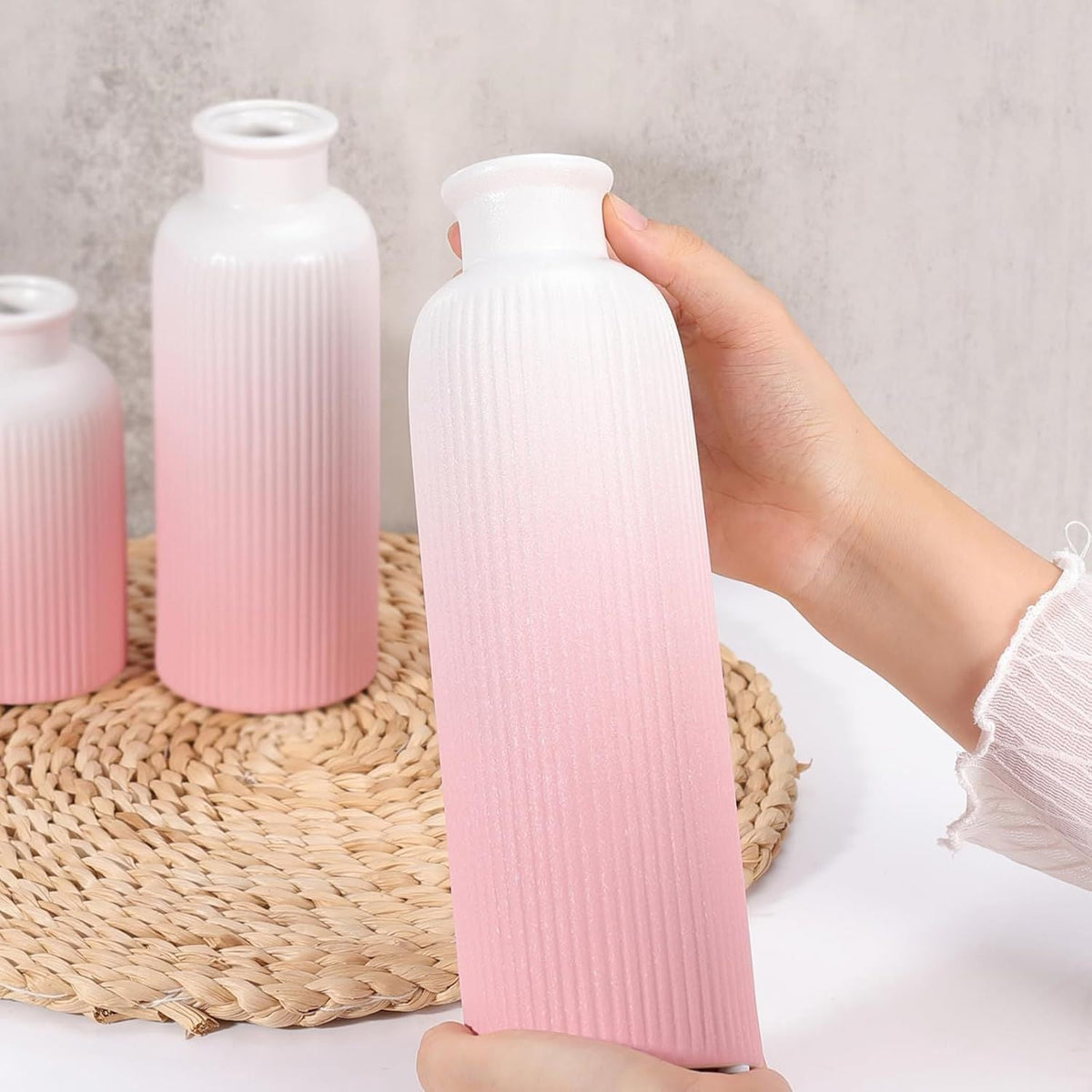 Small Gradient Pink Ceramic Vase Set of 3, Boho Modern Flower Vase Room Decor, Farmhouse Decor, Vases for Your Kitchen, Bathroom, Bedroom, Living Room, Office&Shelf Centerpiece Table Decorations - MC Online