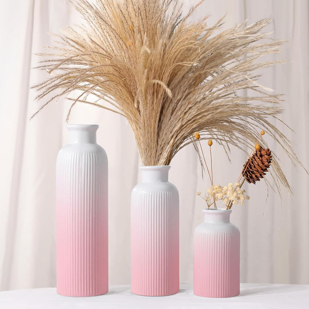 Small Gradient Pink Ceramic Vase Set of 3, Boho Modern Flower Vase Room Decor, Farmhouse Decor, Vases for Your Kitchen, Bathroom, Bedroom, Living Room, Office&Shelf Centerpiece Table Decorations - MC Online