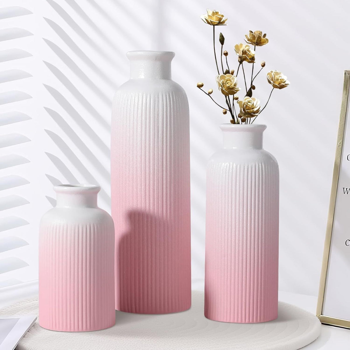 Small Gradient Pink Ceramic Vase Set of 3, Boho Modern Flower Vase Room Decor, Farmhouse Decor, Vases for Your Kitchen, Bathroom, Bedroom, Living Room, Office&Shelf Centerpiece Table Decorations - MC Online