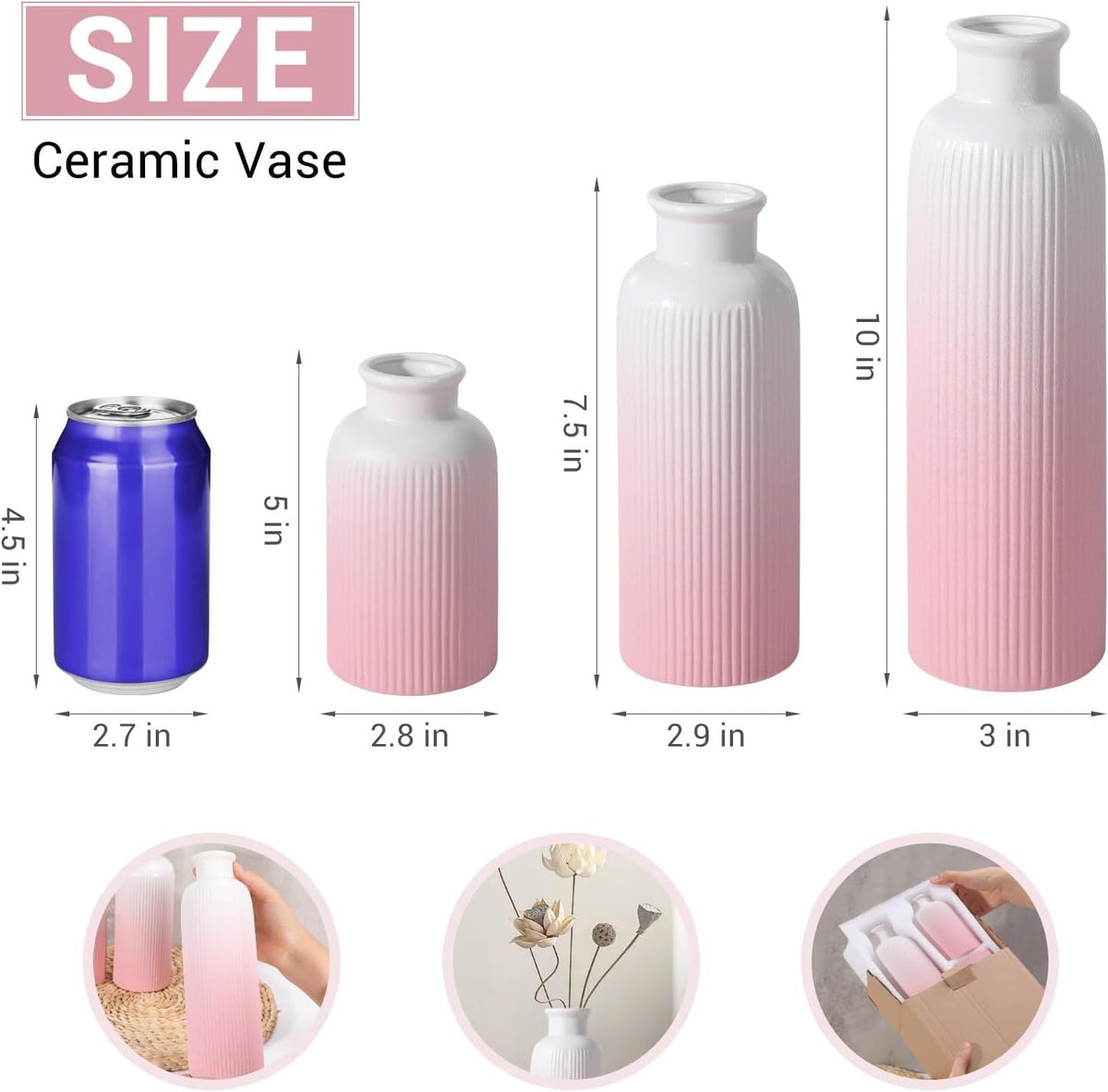 Small Gradient Pink Ceramic Vase Set of 3, Boho Modern Flower Vase Room Decor, Farmhouse Decor, Vases for Your Kitchen, Bathroom, Bedroom, Living Room, Office&Shelf Centerpiece Table Decorations - MC Online