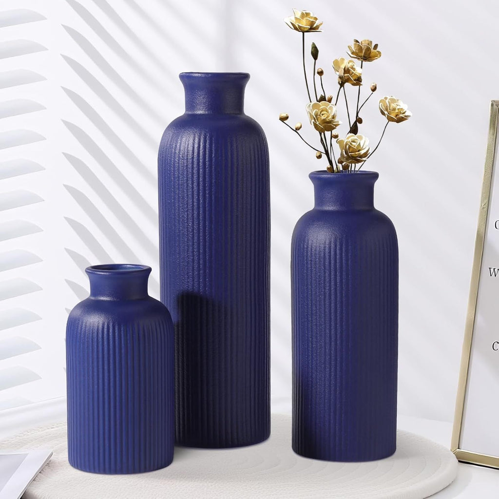 Small Navy Blue Ceramic Vase Set of 3, Boho Modern Navy Blue Flower Vase Room Decor, Farmhouse Decor, Vases for Your Kitchen, Bathroom, Bedroom, Living Room, Office&Shelf Centerpiece Table Decorations - MC Online