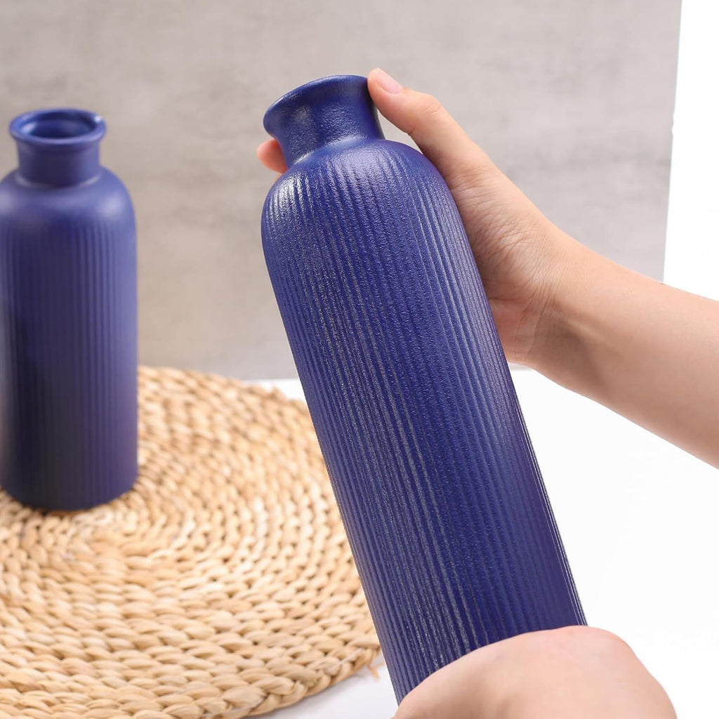 Small Navy Blue Ceramic Vase Set of 3, Boho Modern Navy Blue Flower Vase Room Decor, Farmhouse Decor, Vases for Your Kitchen, Bathroom, Bedroom, Living Room, Office&Shelf Centerpiece Table Decorations - MC Online