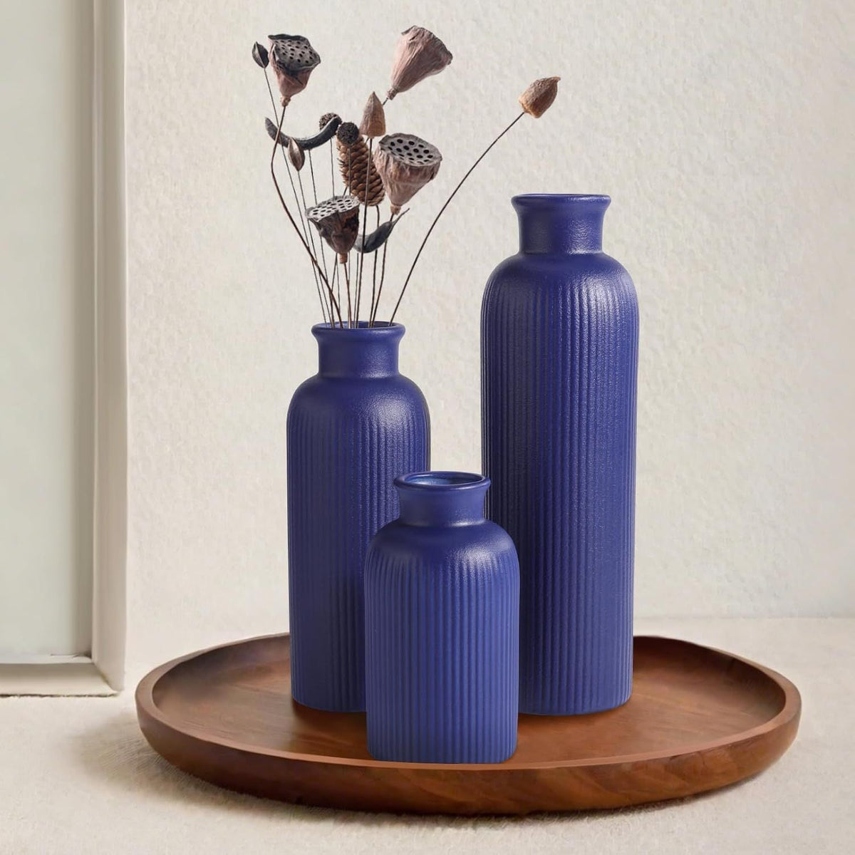 Small Navy Blue Ceramic Vase Set of 3, Boho Modern Navy Blue Flower Vase Room Decor, Farmhouse Decor, Vases for Your Kitchen, Bathroom, Bedroom, Living Room, Office&Shelf Centerpiece Table Decorations - MC Online
